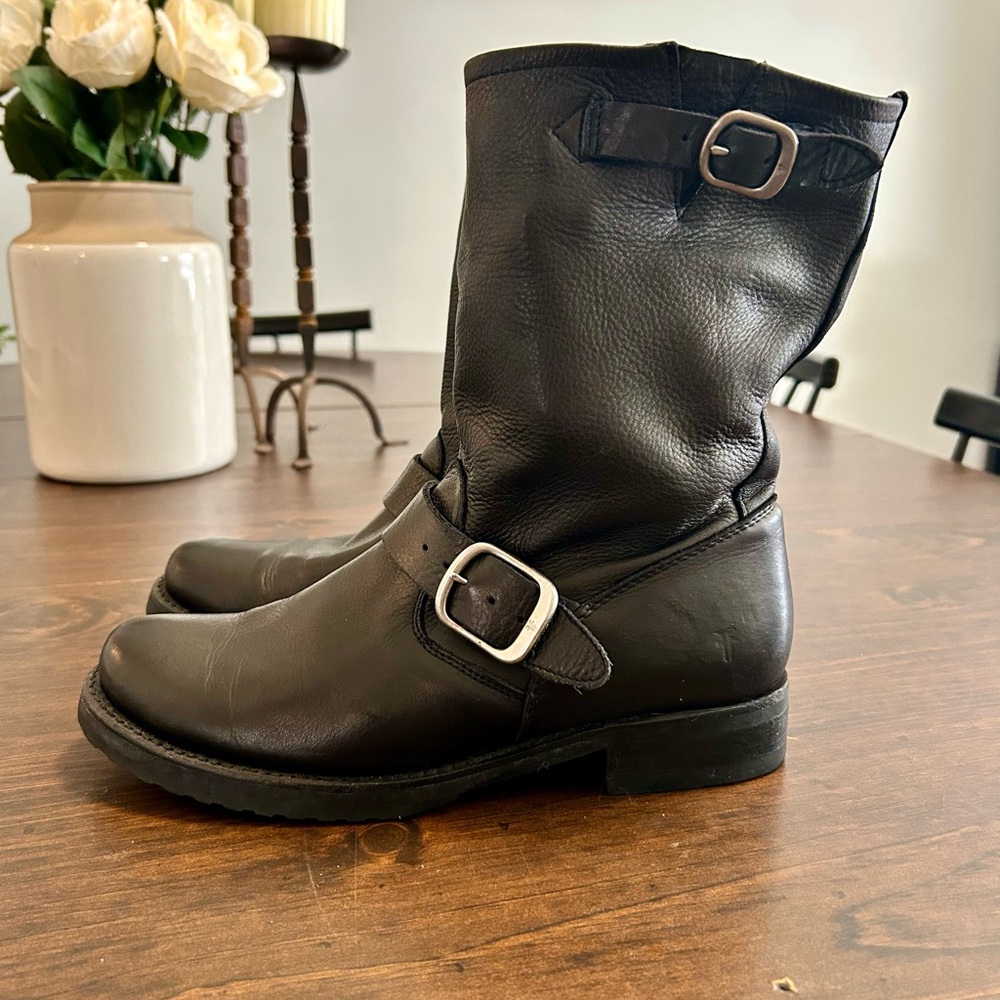 FRYE Black Leather Ankle Boots with Dual Buckles